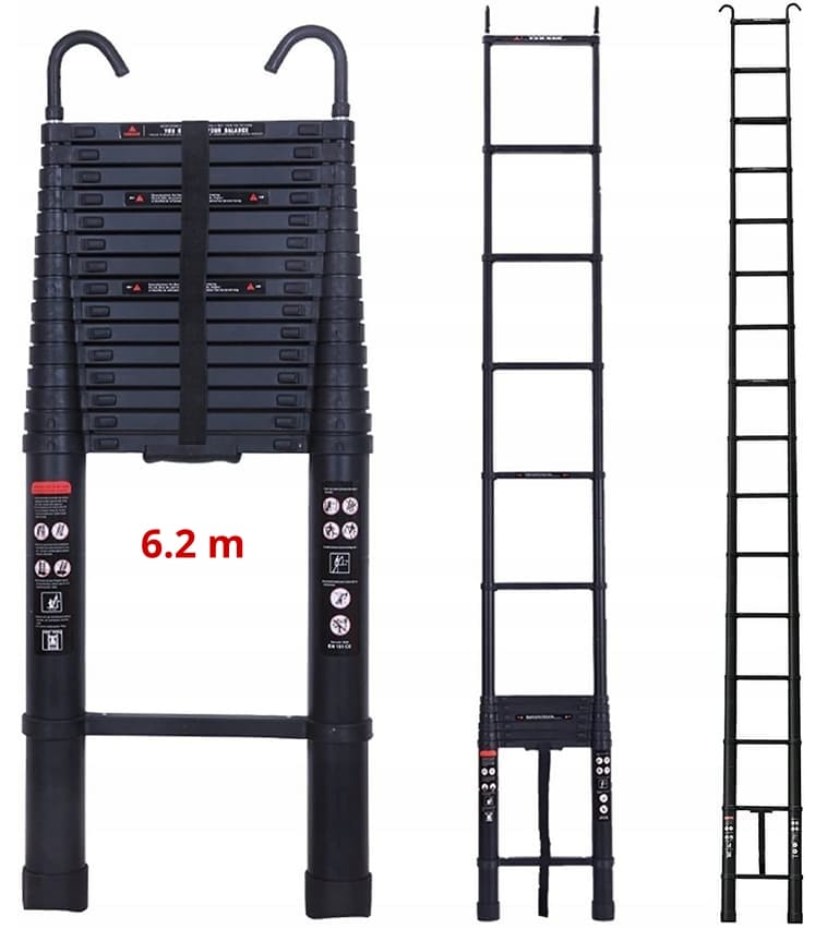 Teleskopstege 290-620 cm, kompakt utfällbart stege, aluminium, max 150 kg, CE - 14