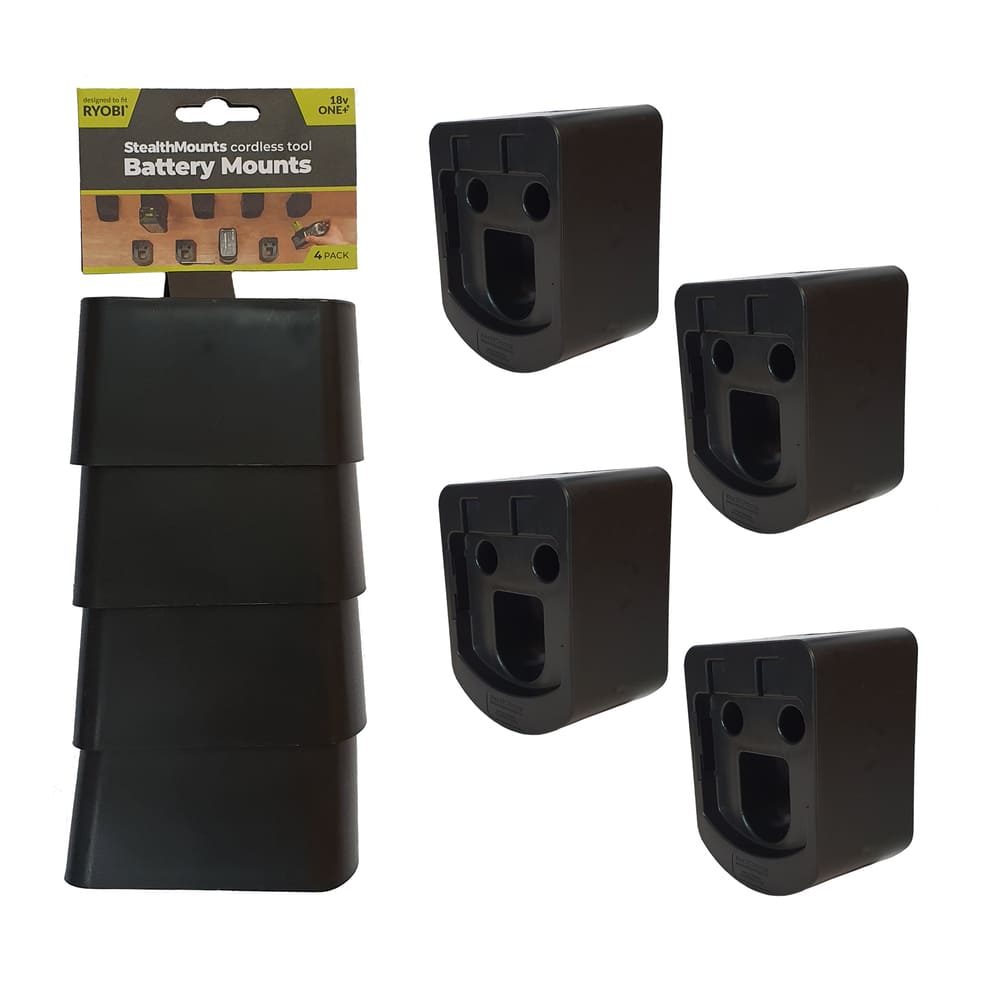 Stealth Mounts Batterifästen 4-pack för Ryobi 18V ONE+ ABS Väggmontage Svart, StealthMounts