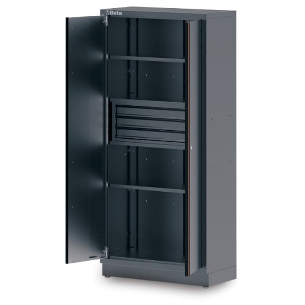 BETA TOOLS Verktygsskåp i plåt med 3 lådor (661 x 360 mm) och 4 hyllor (höjdjusterbara), mått 910 x 430 mm, central lås, vertikalt justerbara fötter, BETA
