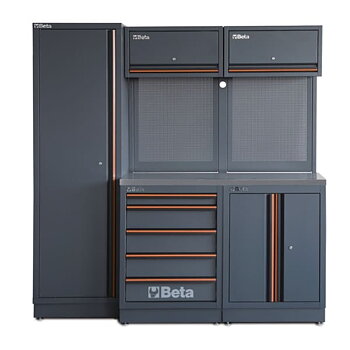 BETA TOOLS Kompakt verkstadsmodul C45PRO 2.0, Arbetsskiva 1360 x 615 mm, 5-lådor, 2 väggskåp, 1 tvådörrarskåp, 1 enkeldörrarskåp, 2 perforerade verktygspaneler, 2 breda väggfästen, 1 smalt väggfäste, Rostfri, BETA