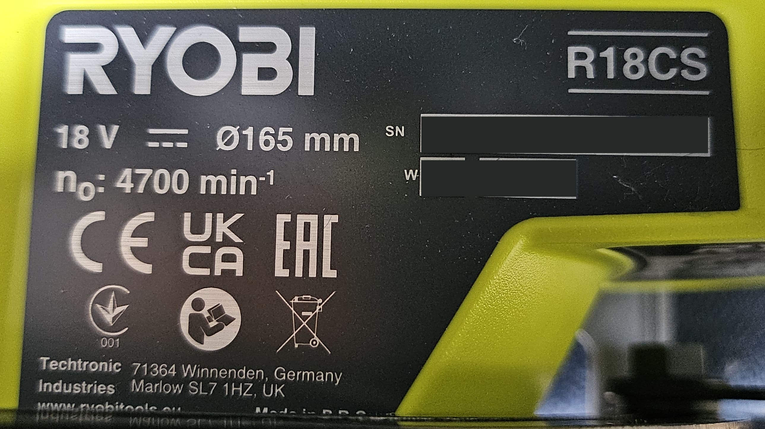 Cirkelsåg 18V, klingan 165 mm, sågdjup 52 mm (utan batteri), Ryobi R18CS-0 ONE+ - 7