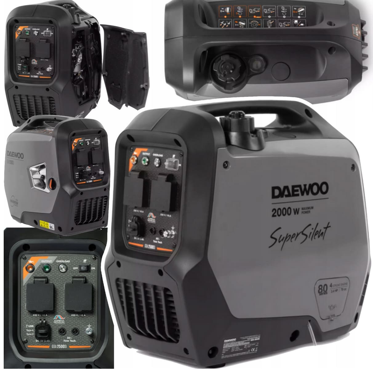 Inverterelverk 2 kW bärbart låg ljudnivå, 230V 50Hz, USB, 3.4hk, bensinmotor 79 cm³, Daewoo - 8