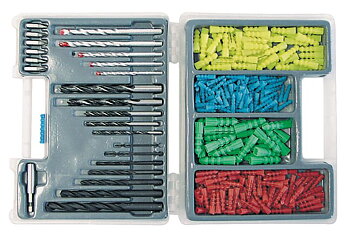300St Wall Plug and Drill Sats. Drills för Metal: 2.3.4.5.6.8 .10 mm, Drills för Trä: 4.5.6.8 .10 mm, Betongborr: 4.5.6.8 .10 mm, Bits PH 1 and 2, Pz1 and 2 Platt 5; 6.5 mm , Magnetic Bit Holder and Wall Plugs 5.6.8 .10 mm. Plastic Box.
