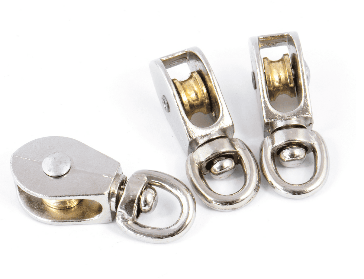 Talja och block 6st, locktalja enkel förnicklad svivel 1/230 kg, rep 4 mm - 6