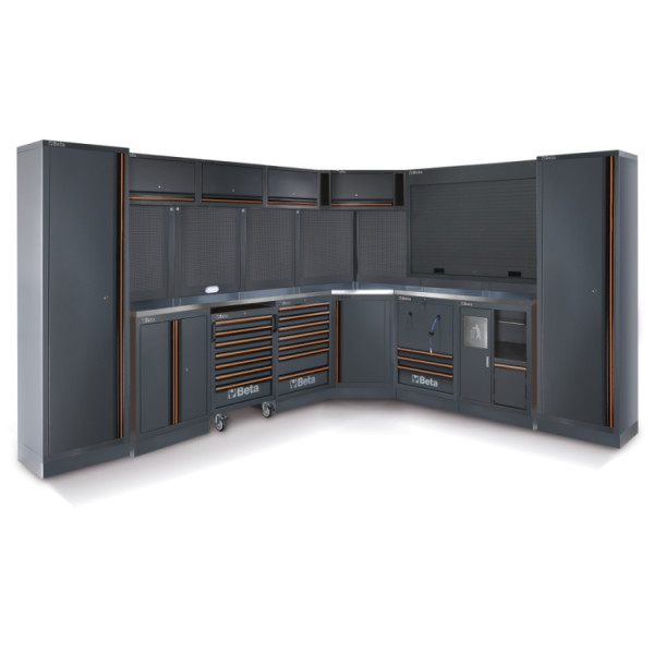 BETA TOOLS C45PRO 2.0 komplett möbelset med arbetsytor 2040 x 615 mm och 1360 x 615 mm, rostfri MDF, 7-lådor verktygsvagn, 3 väggskåp, 2 perforerade paneler, BETA