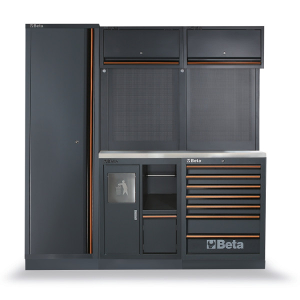 Garageinredning 1360 mm, 8 Moduler, Servicemodul, 7 Lådor, Rostfri MDF-skiva, 225 kg, BETA Tools C45PRO 2.0 CX