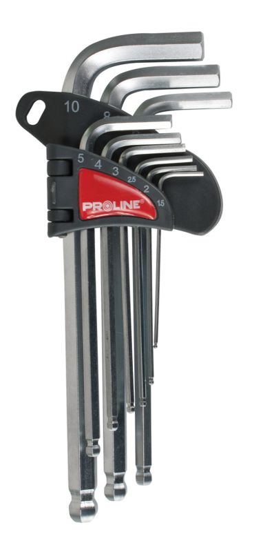 PROLINE TOOLS 9-delars Insexnyckelsats med Kulände, Lång, Satinfinish i Vikbar Svart Plasthållare, CV-Stål, Storlekar: 1.5 2.0 2.5 3.0 4.0 5.0 6.0 8.0 10.0, Proline