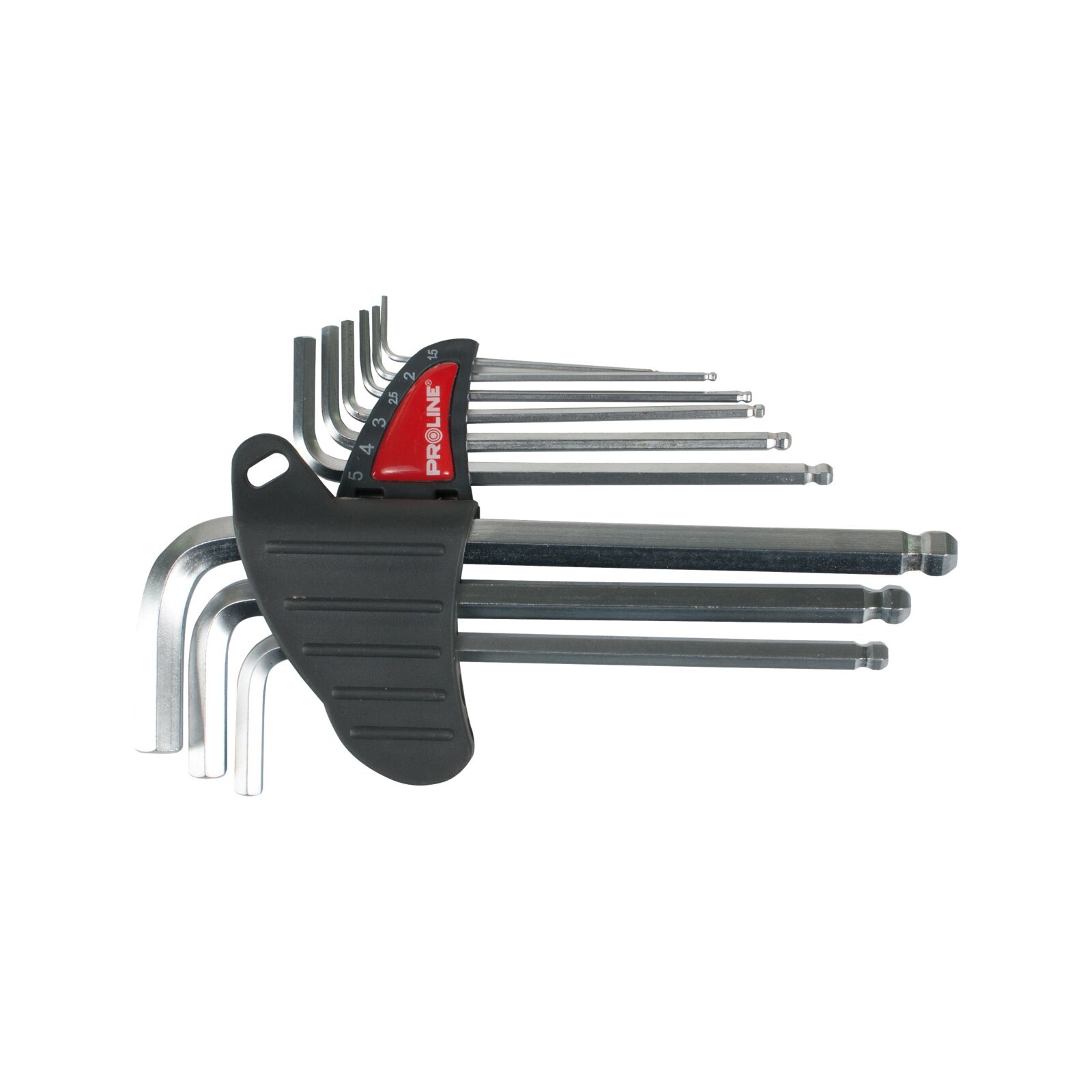 PROLINE TOOLS 9-delars Insexnyckelsats med Kulände, Lång, Satinfinish i Vikbar Svart Plasthållare, CV-Stål, Storlekar: 1.5; 2.0; 2.5; 3.0; 4.0; 5.0; 6.0; 8.0; 10.0, Proline - 2