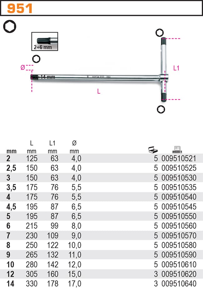BETA TOOLS T-handle wrench with three hex male ends (Storlek (mm) : 4.5) - 3