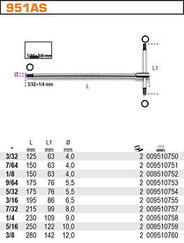 T-Handtag Insex 3/32”–3/8” Rostfri, Tre Ändar, BETA Tools (Storlek tum : 7/64")