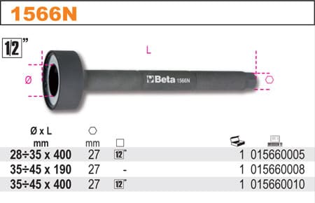 Axialledsverktyg för Styrstag 28–45 mm Längd 400 mm Fyrkant 1/2" och Sexkant 27 mm, Beta Tools - 35x400mm - 3