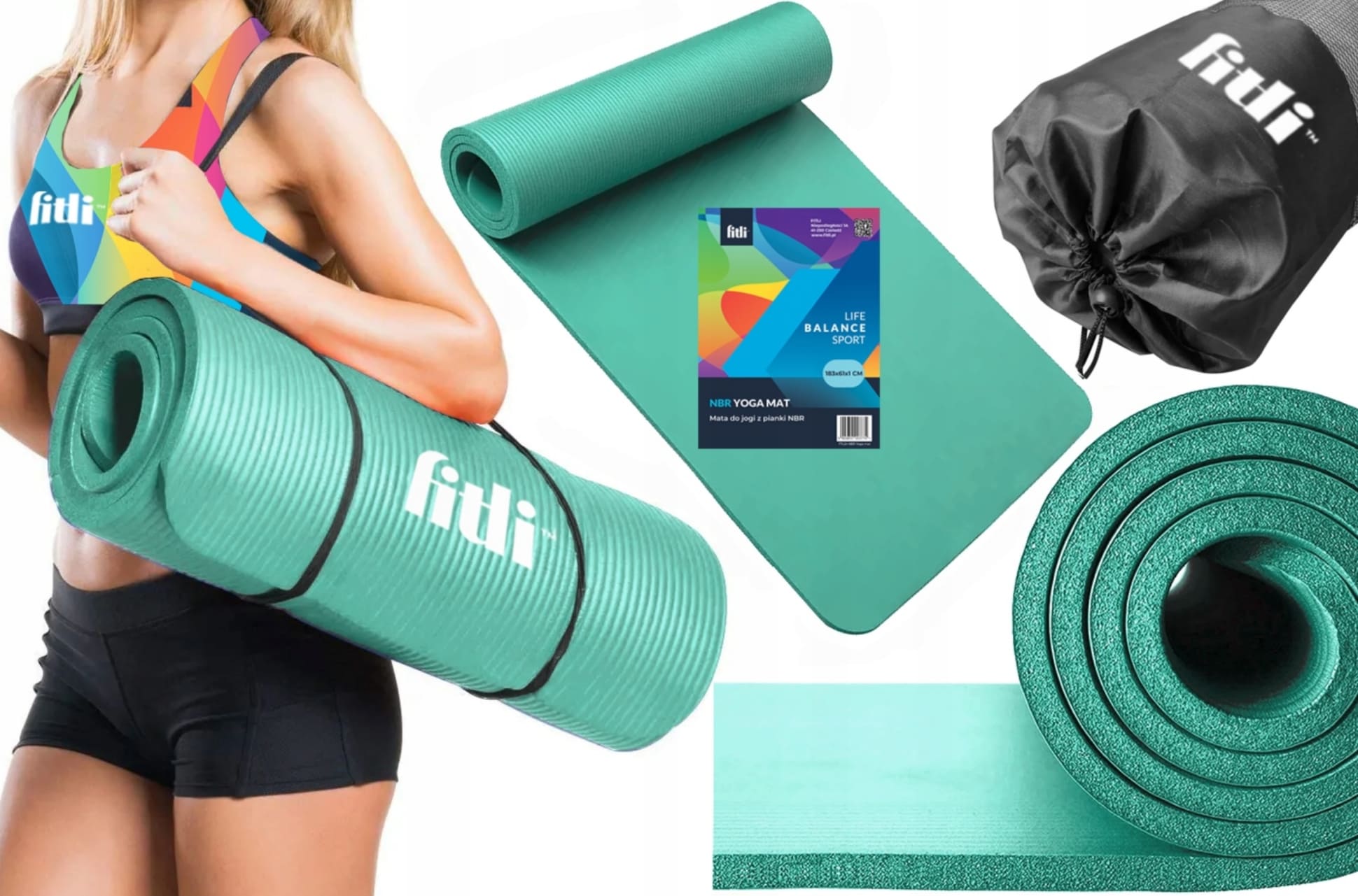 Yogamatta, träningsmatta, skummatta 180 x 61 cm, 1 cm tjock, olika färger, NBR Fitli - Turkos - 4