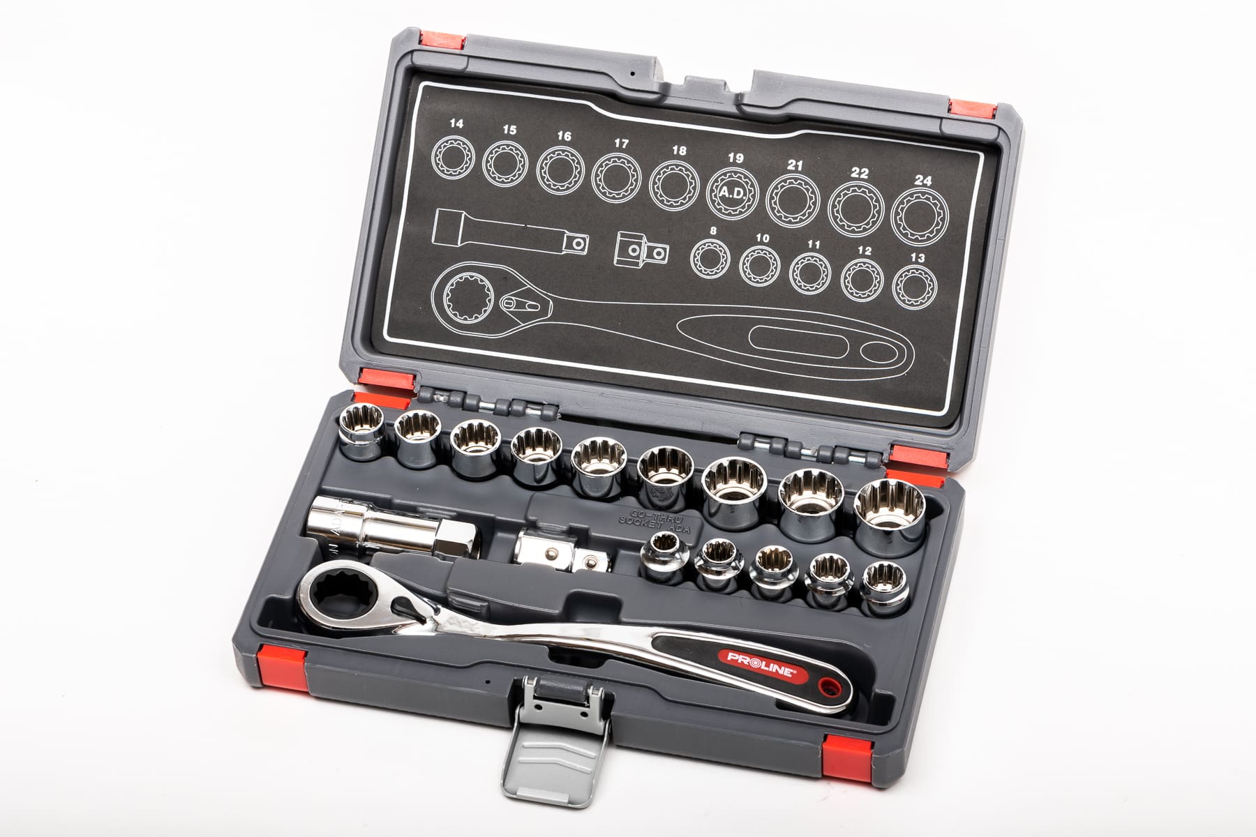 PROLINE TOOLS Hylsnyckelsats 17st med genomgående hylsor SPLINES, adapter 1/2, förlängare 77 mm, spärrskaft 72 kugg, Proline