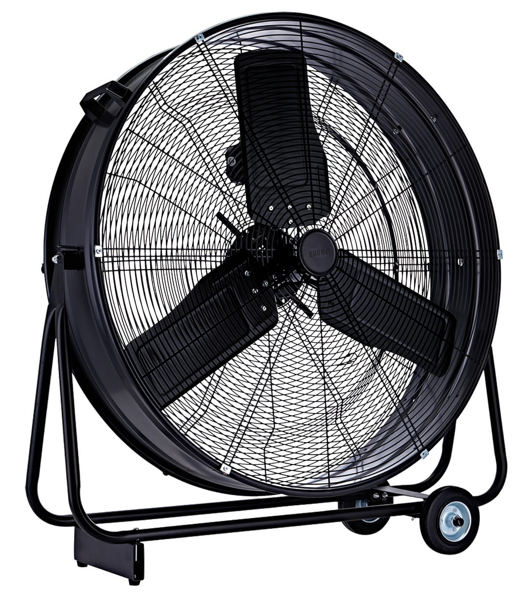 Stor kraftfull mobil industrifläkt 75 cm 280W, trumfläkt golvmodell, svart/gul pulverlackad, 14940 m³/h, EBERG