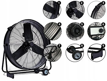 Stor kraftfull mobil industrifläkt 75 cm 280W, trumfläkt golvmodell, svart/gul pulverlackad, 14940 m³/h, EBERG