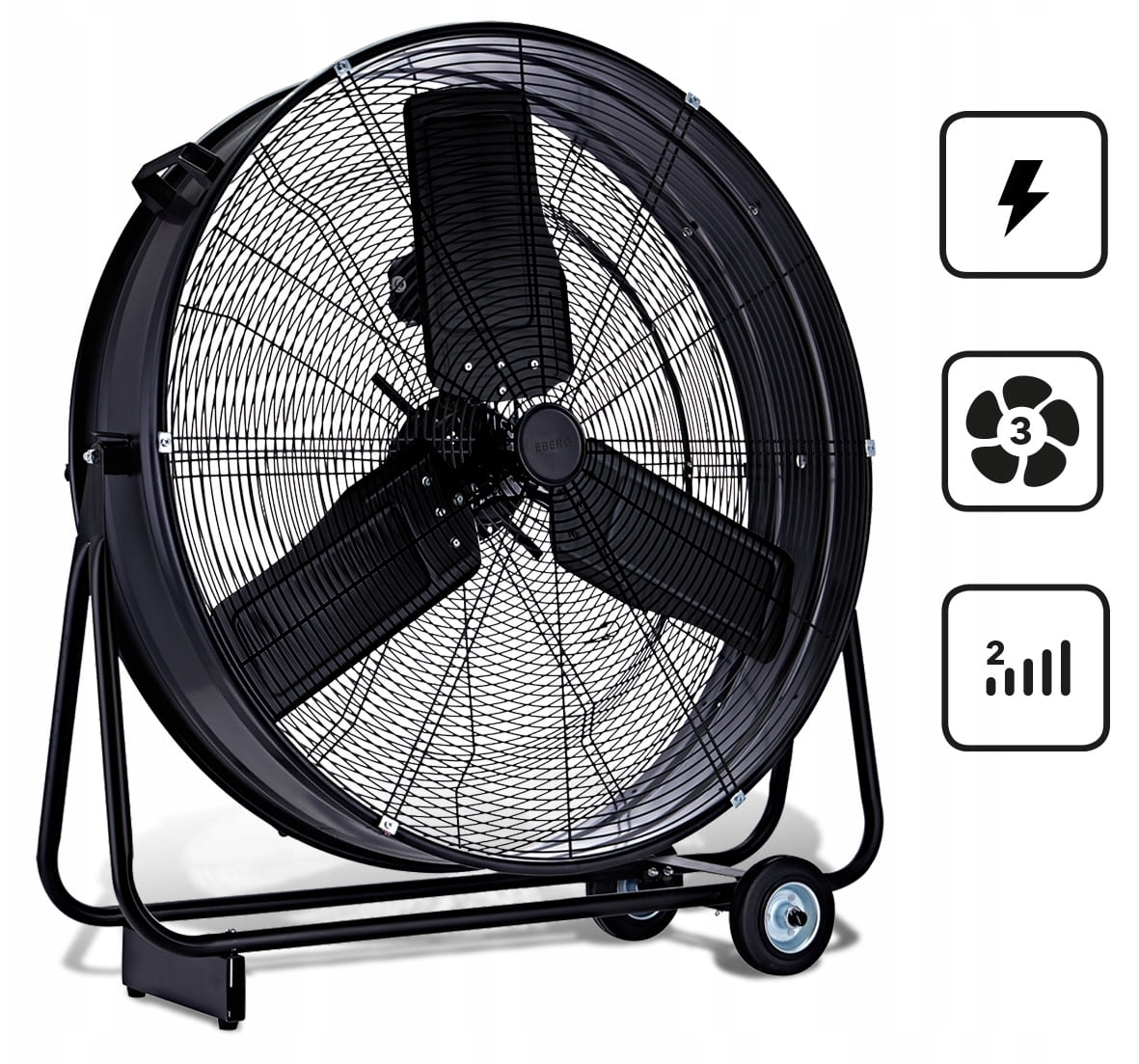 Stor kraftfull mobil industrifläkt 75 cm 280W, trumfläkt golvmodell, svart/gul pulverlackad, 14940 m³/h, EBERG - 7