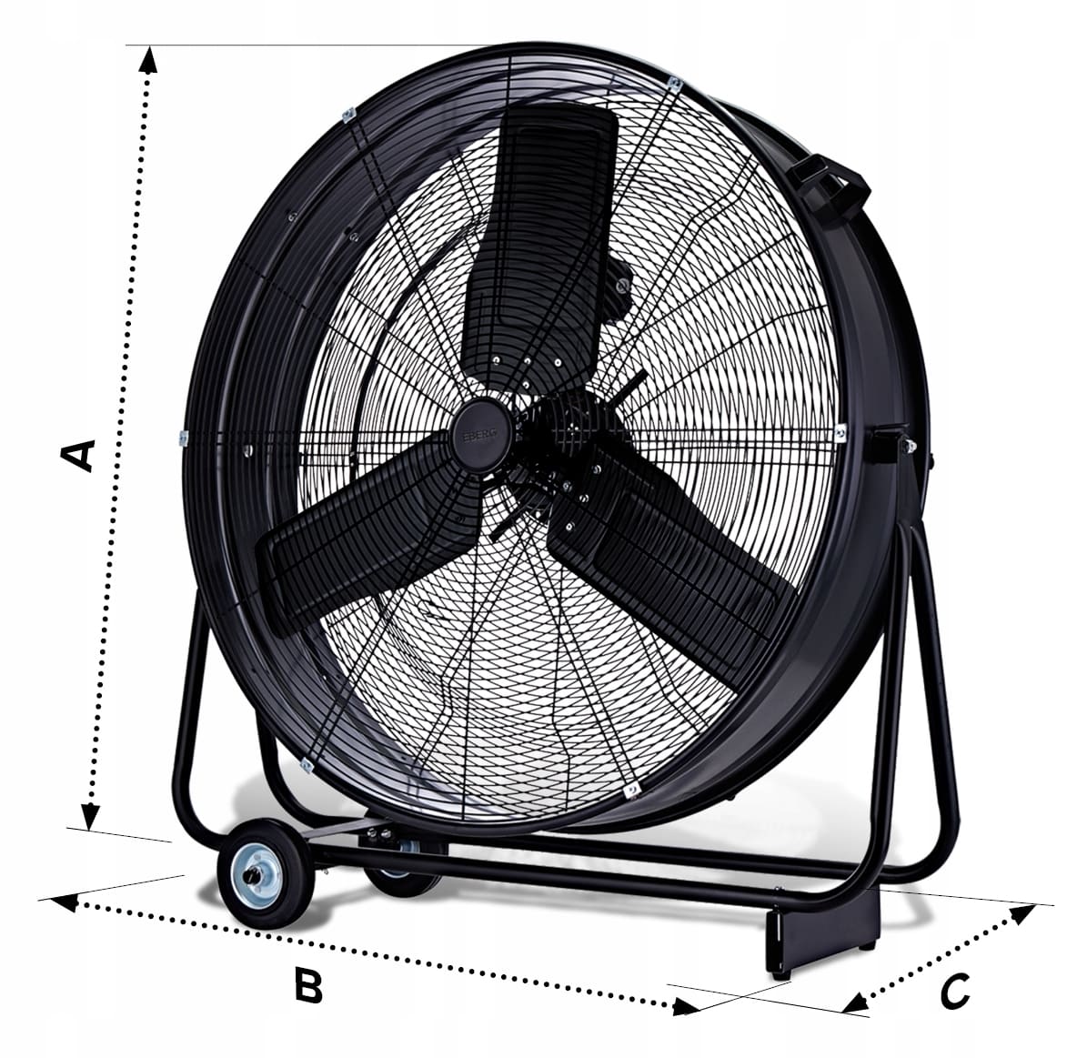 Stor kraftfull mobil industrifläkt 75 cm 280W, trumfläkt golvmodell, svart/gul pulverlackad, 14940 m³/h, EBERG - 6