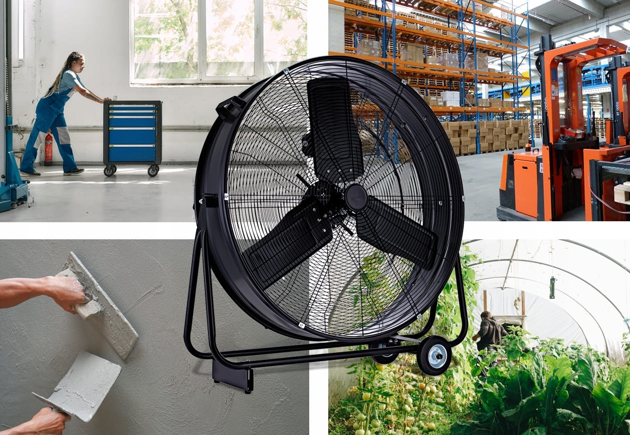 Stor kraftfull mobil industrifläkt 75 cm 280W, trumfläkt golvmodell, svart/gul pulverlackad, 14940 m³/h, EBERG - 3