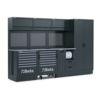 BETA TOOLS Garageinredning 2240 x 700 mm, 7+7 Lådor, 2 Dörrar, Perforerade Paneler, ROSTFREI