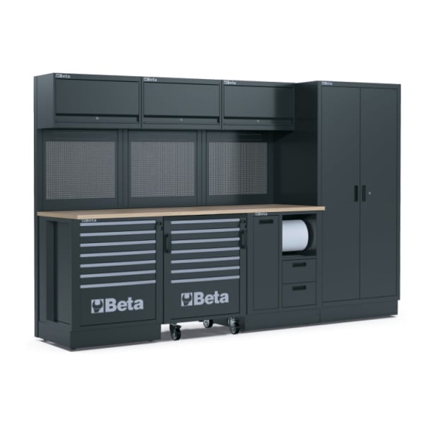 BETA TOOLS Garageinredning RSC502.0, 2, 24 m Träbänk, 7+7 Lådor, Perforerade Paneler, Rostfri