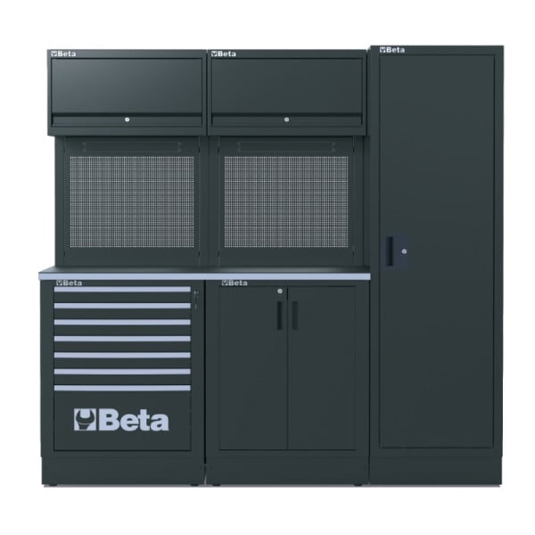 BETA TOOLS Garageinredning Komplett set 1495 x 700 mm, 7 Lådor & Skåp, Rostfri, RSC
