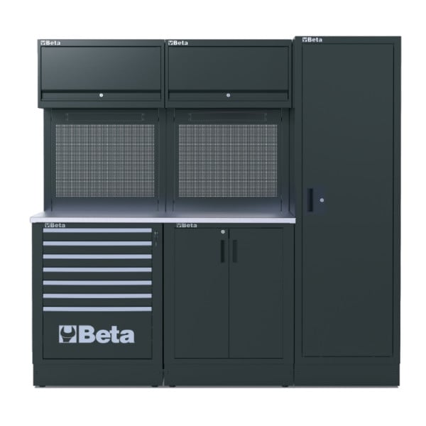 BETA TOOLS Garageinredning RSC502.0, 7 Lådor, 2 Skåp, Rostfri MDF, Perforerade Paneler, RSC