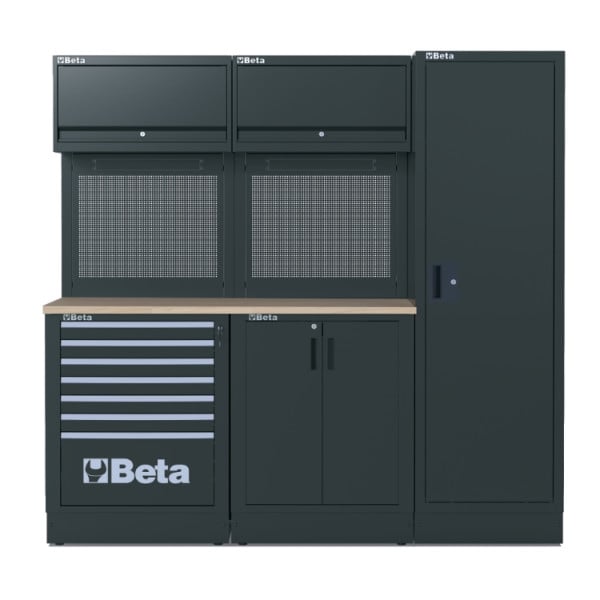 BETA TOOLS Garageinredning 7 Lådor, Skåp, Perforerade Paneler, Träskiva 1495 x 700 mm, RSC