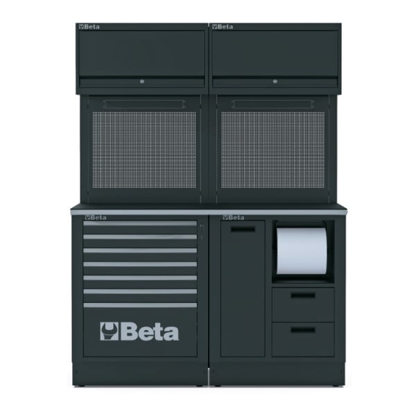BETA TOOLS Garageinredning med Arbetsbänk 1495 x 700 mm, 9 Lådor, Perforerade Paneler, RSC