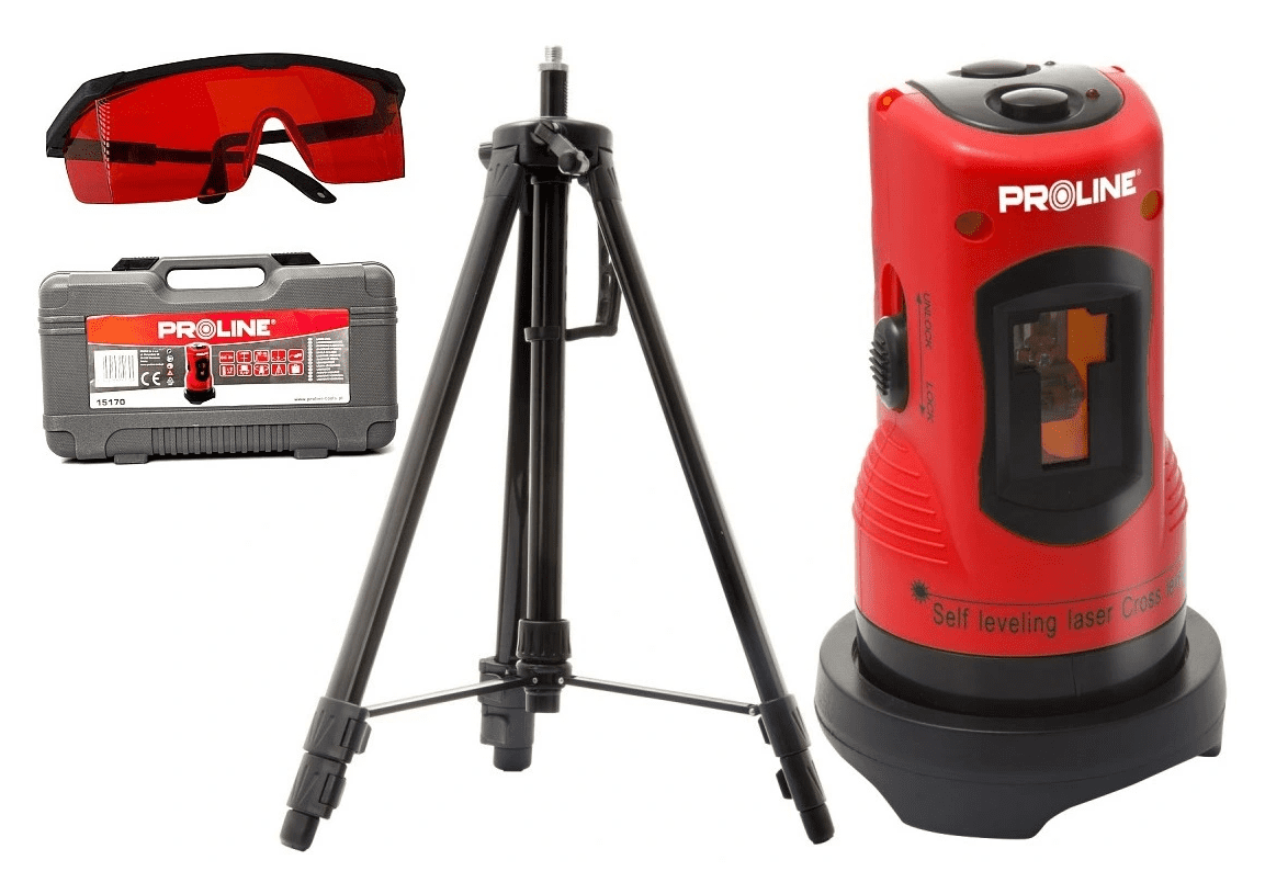 PROLINE TOOLS Laserpass, kors laser, med väska, stativ, skyddsglasögon, Proline