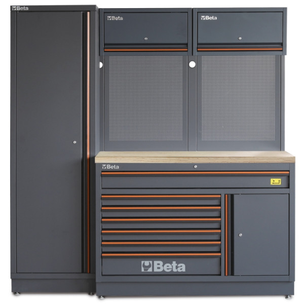 BETA TOOLS Garageinredning Komplett set med Perforerade Paneler, 7 Lådor & Träbänk, C45PRO