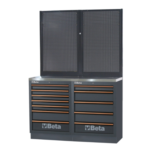 BETA TOOLS Garageinredning Rostfri MDF Bänkskiva, 7+5 Lådor, Perforerade Paneler, BETA