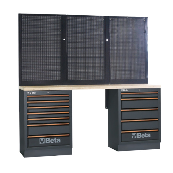 BETA TOOLS Garageinredning 7+5 Lådor, Träbänk 2040 x 615 mm, Perforerade Paneler, BPW