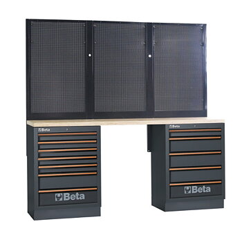 BETA TOOLS Garageinredning 7+5 Lådor, Träbänk 2040 x 615 mm, Perforerade Paneler, BPW