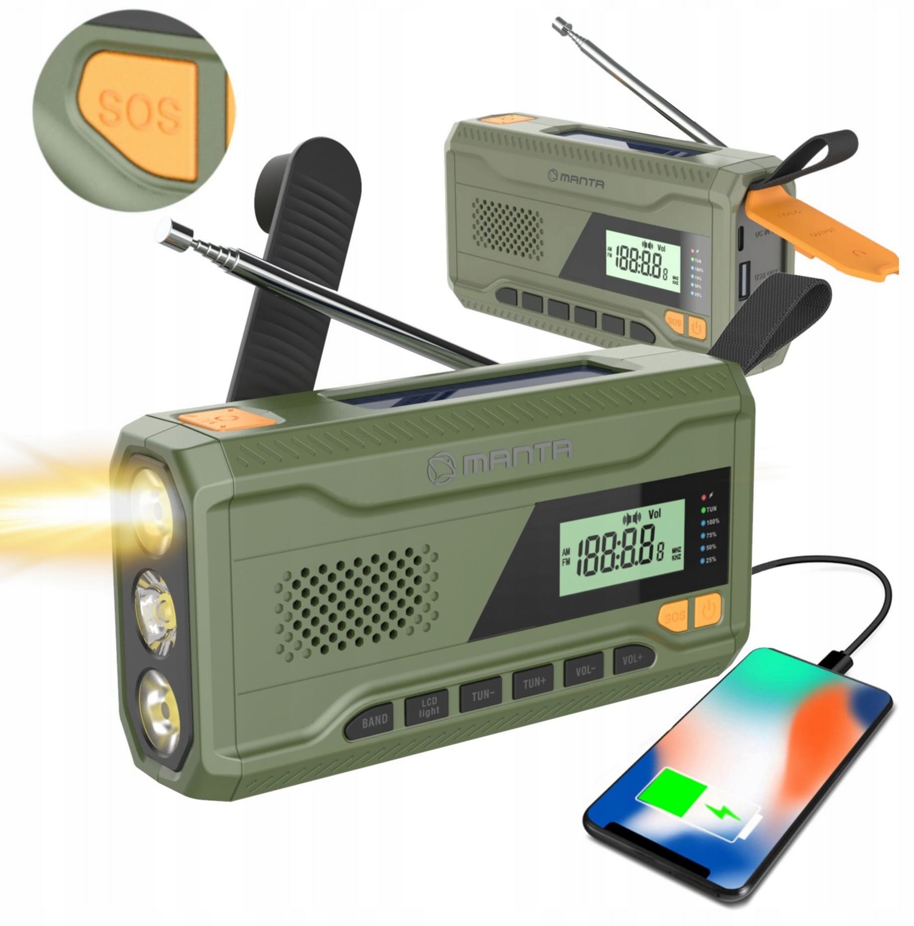Övriga6 Nödradio 4500mAh AM/FM Dynamo Solpanel Ficklampa SOS Powerbank, Manta