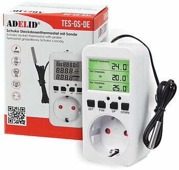 Övriga 3 Termostat Frostvakter Digital Plug-in Schuko 230V 16A 3680W Timer -40°C till 120°C TES-GS-DE, Adelid