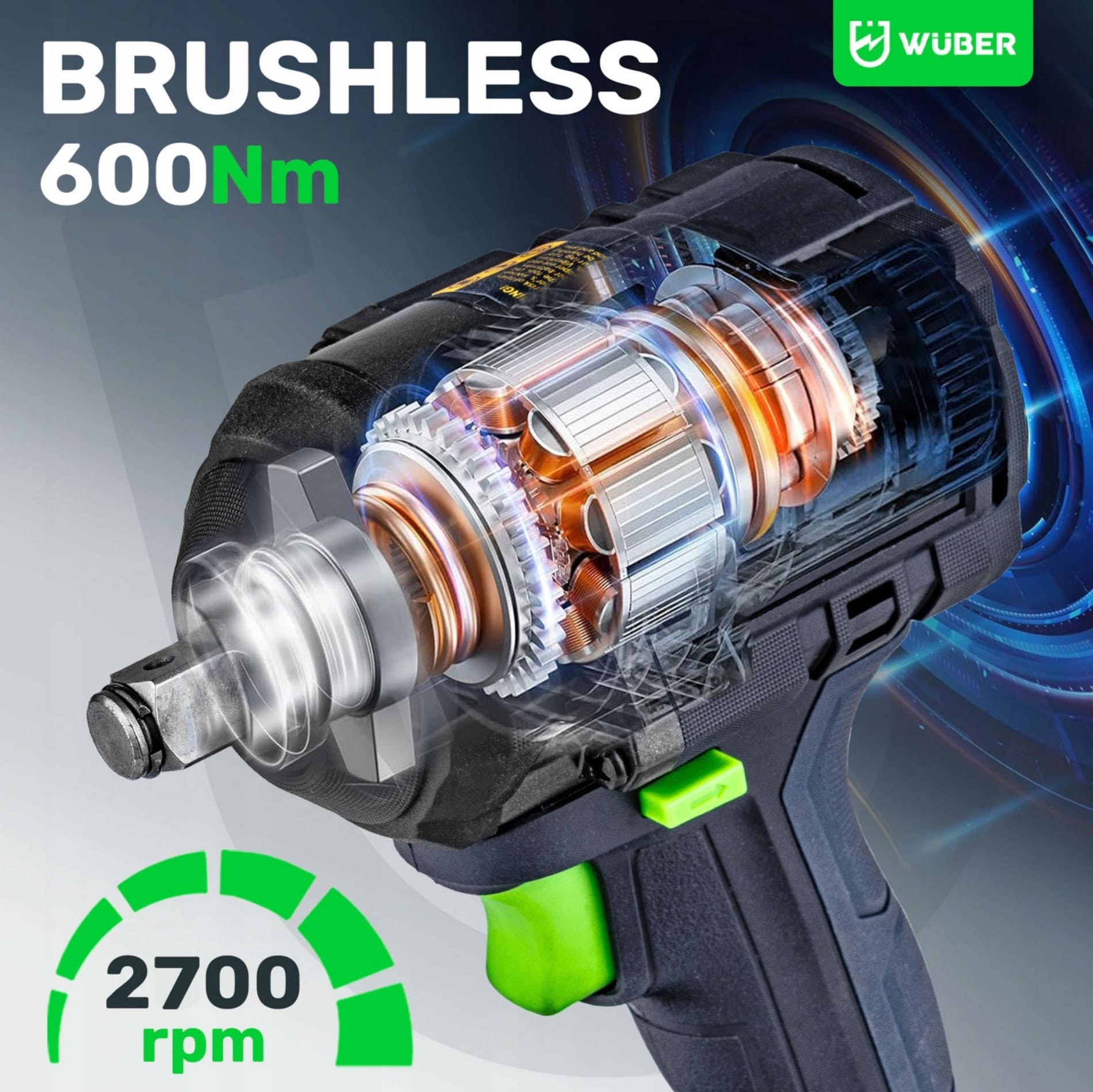 Övriga2 Batteridriven Slagmutterdragare 600Nm Borstlös 20V 4.0Ah LED 4-Steg Väska, Wuber - 5