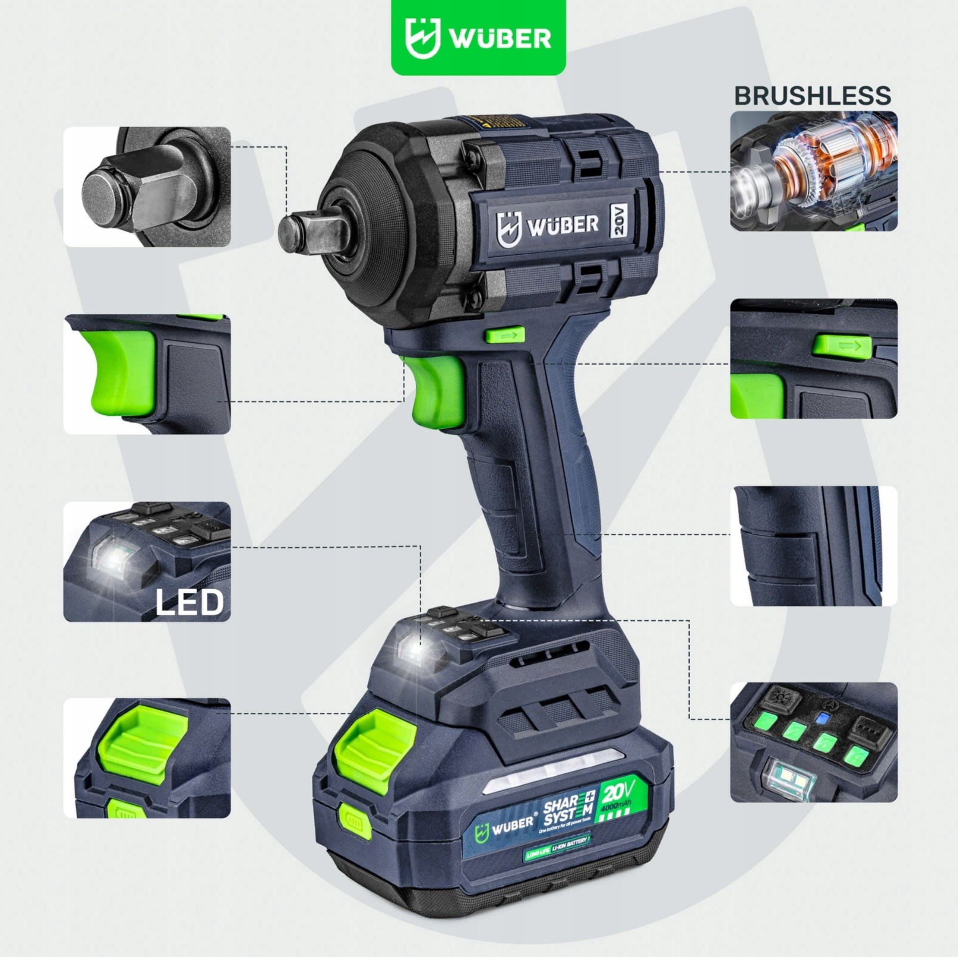 Övriga2 Batteridriven Slagmutterdragare 600Nm Borstlös 20V 4.0Ah LED 4-Steg Väska, Wuber - 4