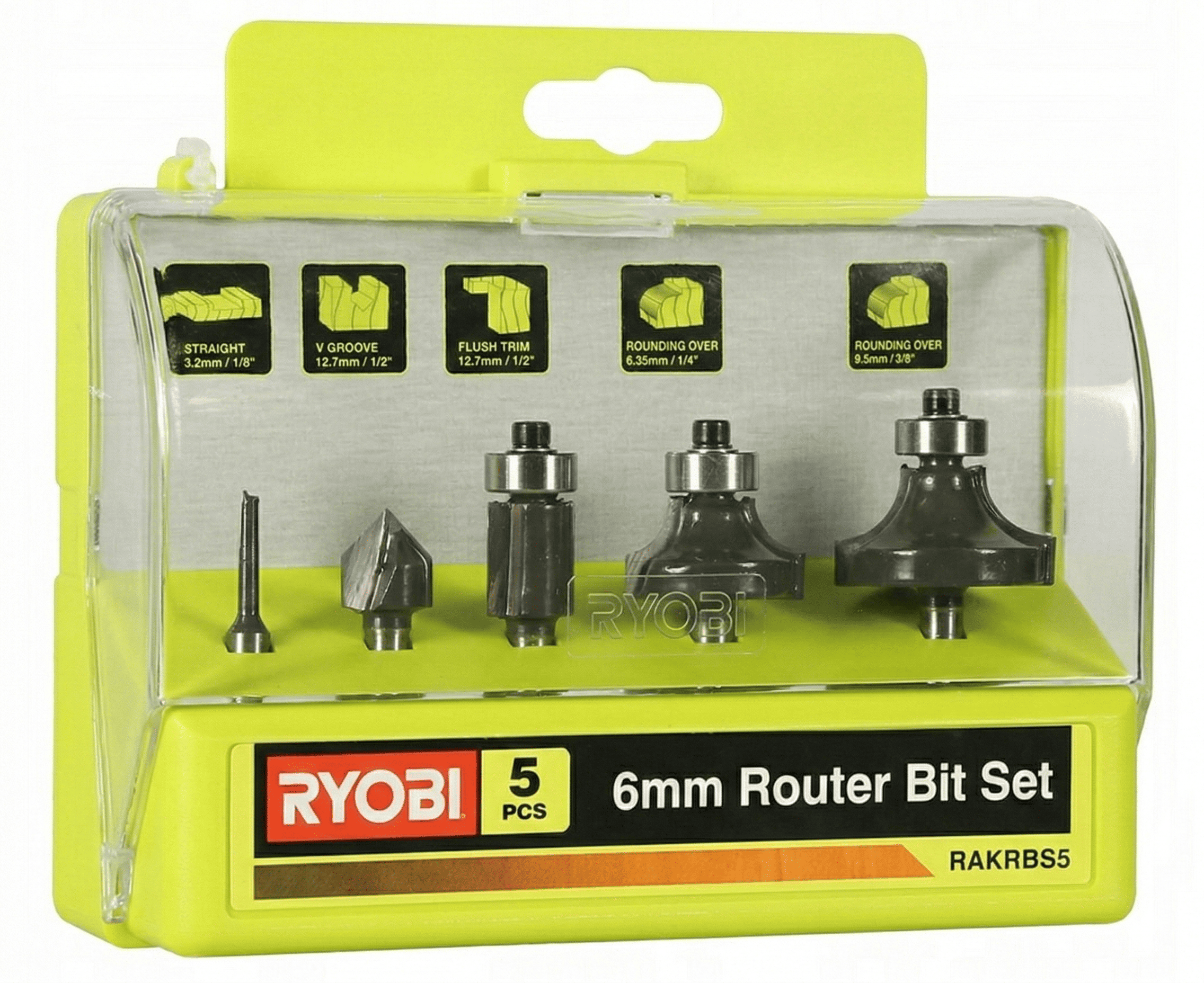 Frässtålset 5 Delar 6 mm Skaft Rakt/Rund/V-spår för Överfräs RAKRBS5, Ryobi - 2