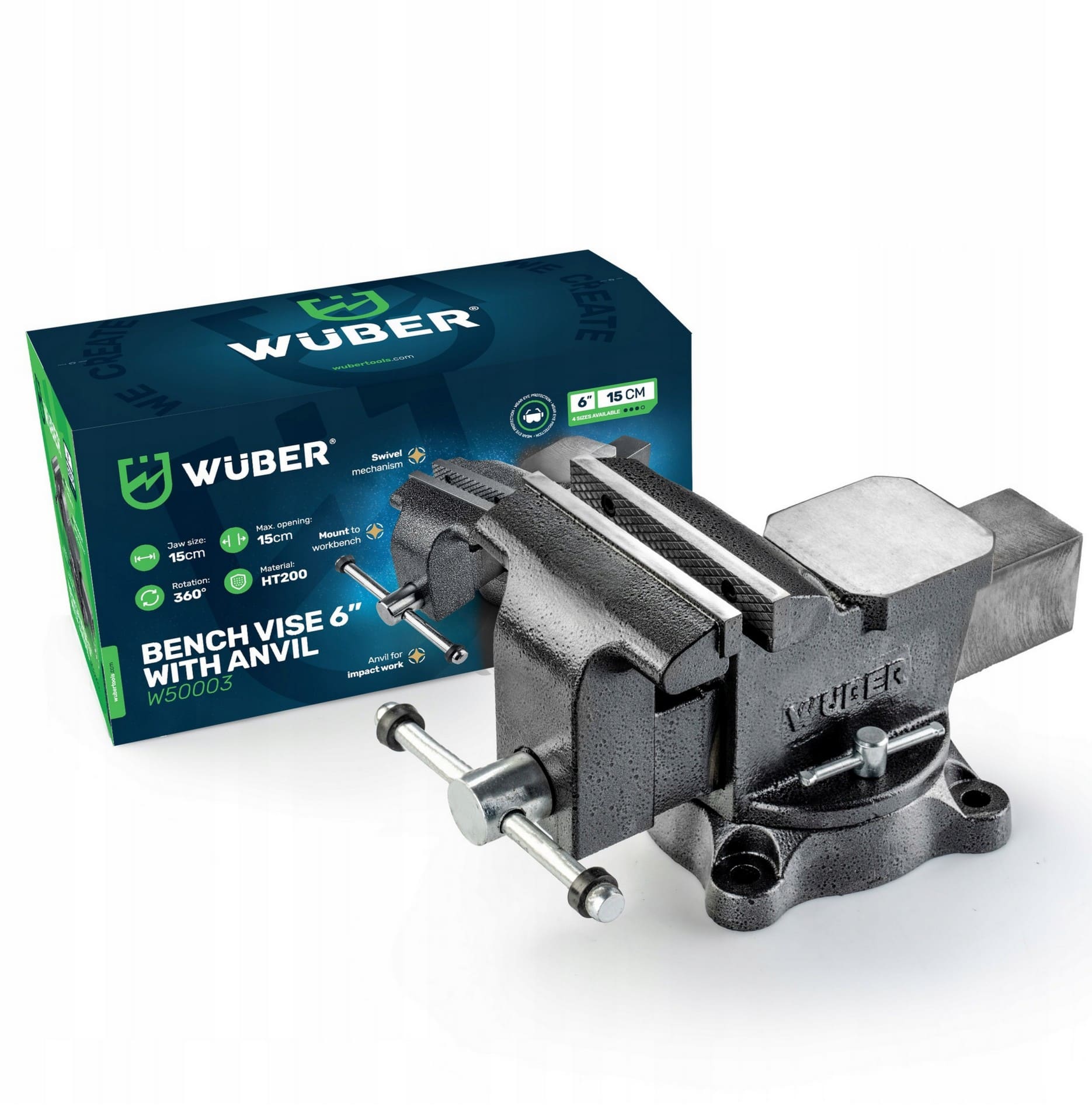 Wuber Tools Skruvstycke 150 mm/6 Roterbart 360° med Städ, HT200 Gjutjärn 13, 8 kg, Wuber - 11