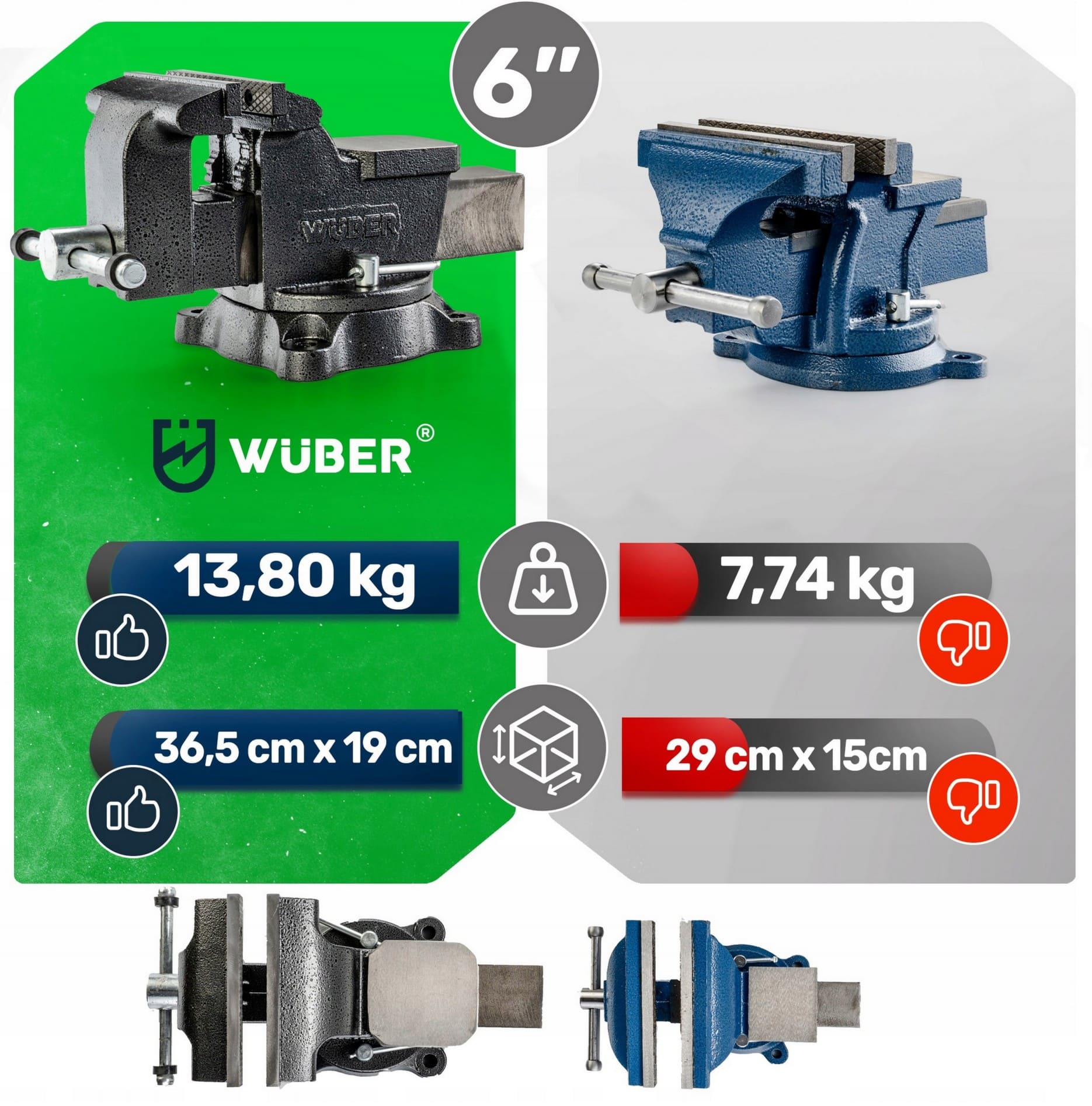 Skruvstycke 150 mm/6 Roterbart 360° med Städ, HT200 Gjutjärn 13, 8 kg, Wuber - 6
