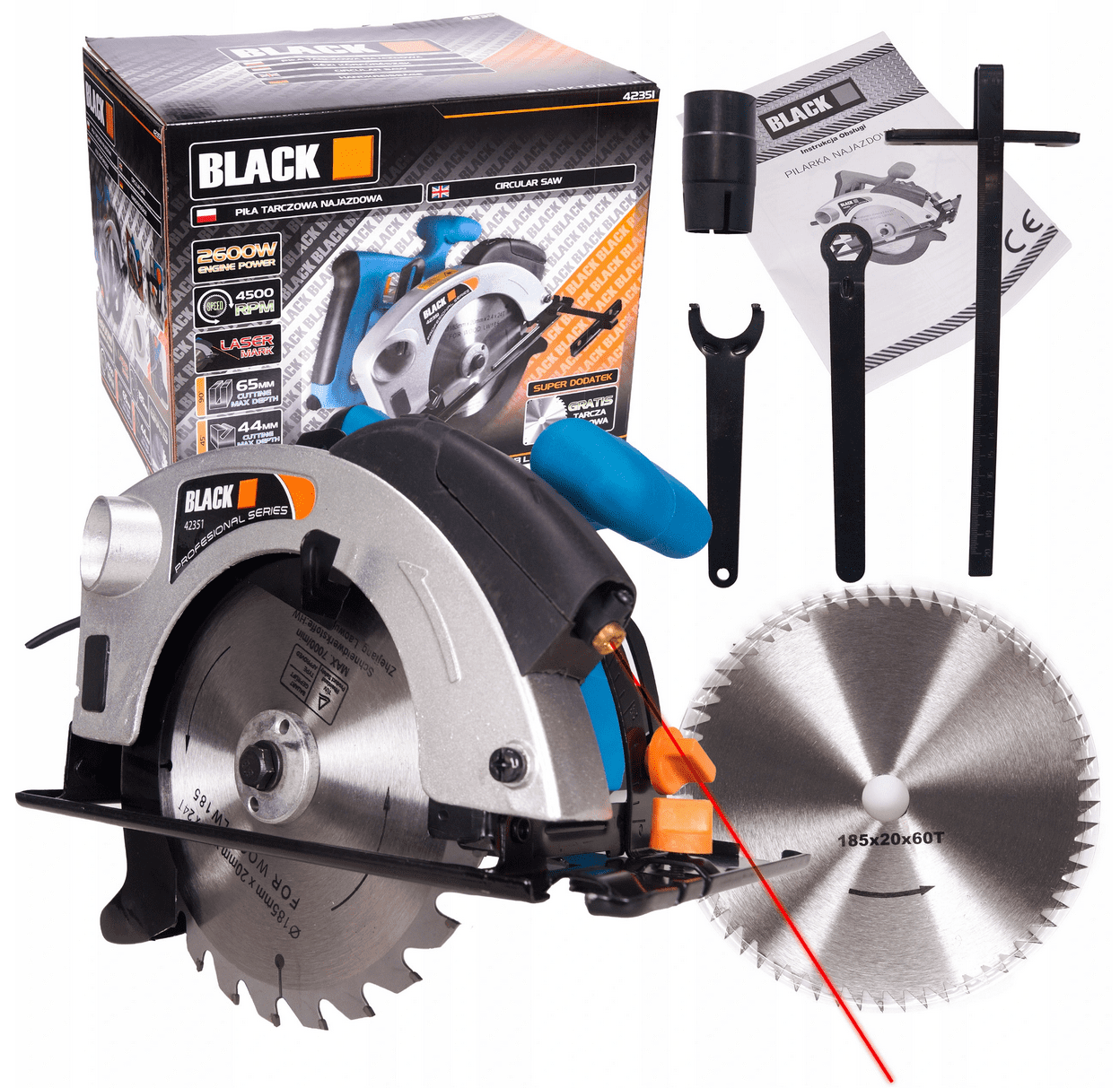 Elsåg, cirkelsåg 2250W, 230v, 4500rpm, 65 mm skärdjup, 185 mm sågskivor, laser