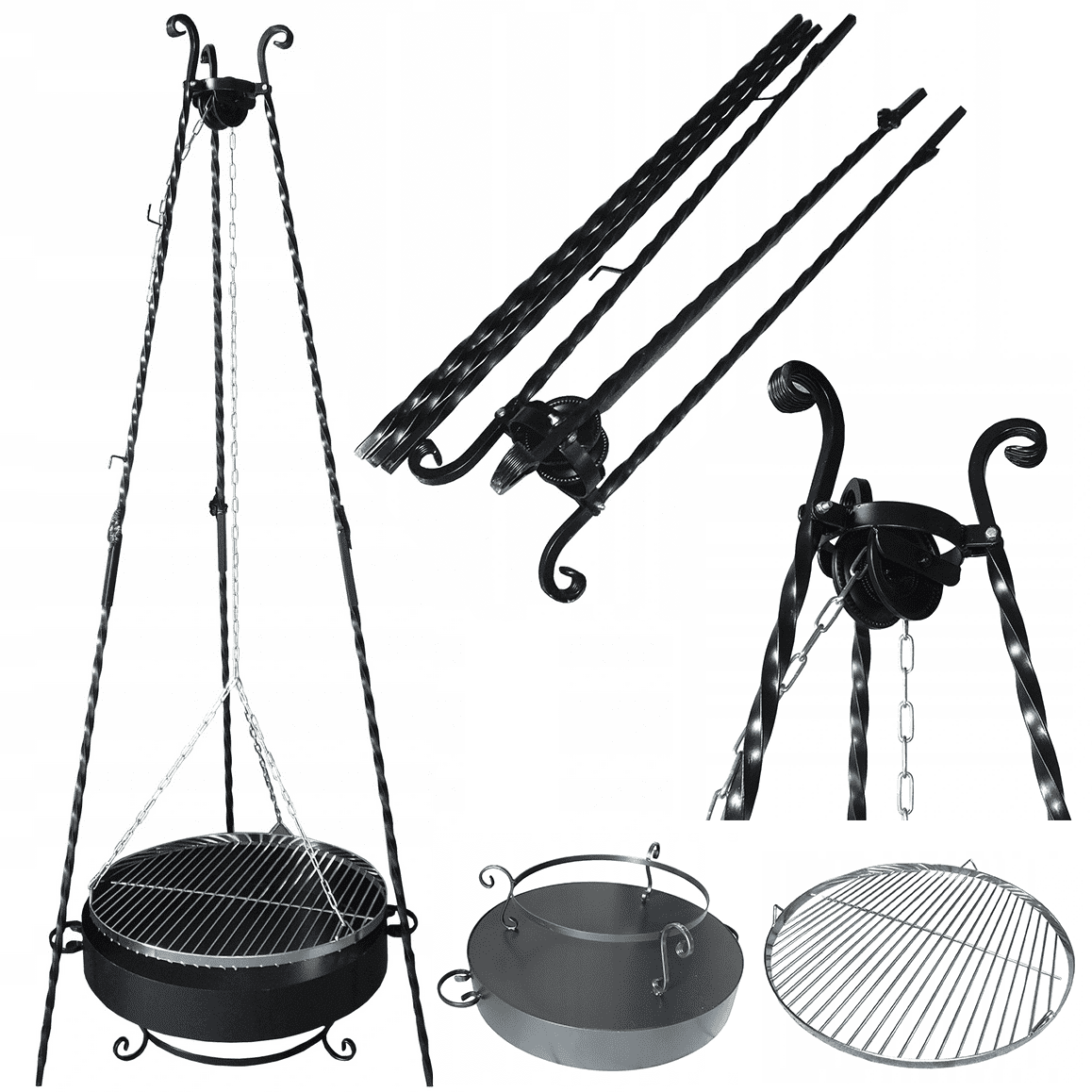 Grill, handgjord elegant svänggrill av hög kvalitet, eldstad 60 cm, ihopfällbar trebensstativ 190 cm