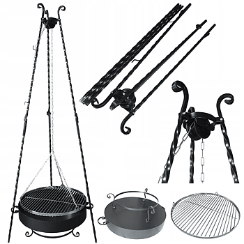 Grill, handgjord elegant svänggrill av hög kvalitet, eldstad 60 cm, ihopfällbar trebensstativ 190 cm