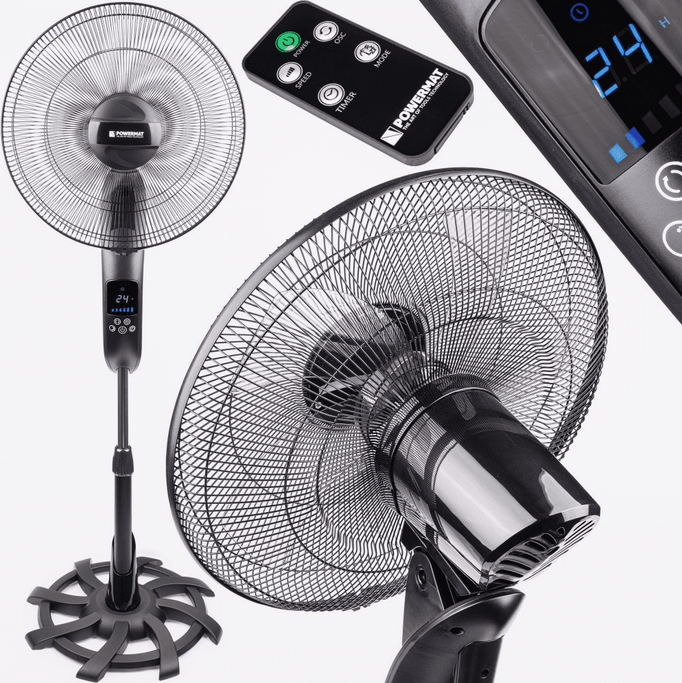 Golvfläkt 40 cm 16, 80W 115-135 cm teleskop, fjärr, tyst och stabil, 3 hastigheter, Powermat