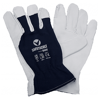 Arbetshandskar 12 par, montagehandskar, skinn, blå-vita CE, SAFEYCULT-BASIC (Handskestorlek : 9 [L] Handlängd 19,2cm Omkrets 22,9cm)