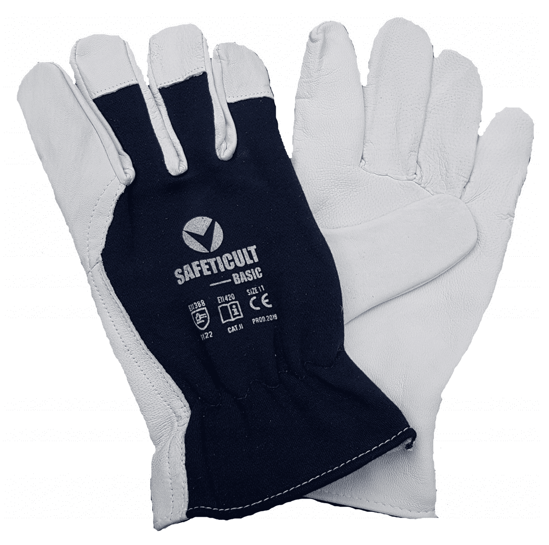 Arbetshandskar 12 par, montagehandskar, skinn, blå-vita CE, SAFEYCULT-BASIC (Handskestorlek : 10 [XL] Handlängd 20,4cm Omkrets 25,4cm)