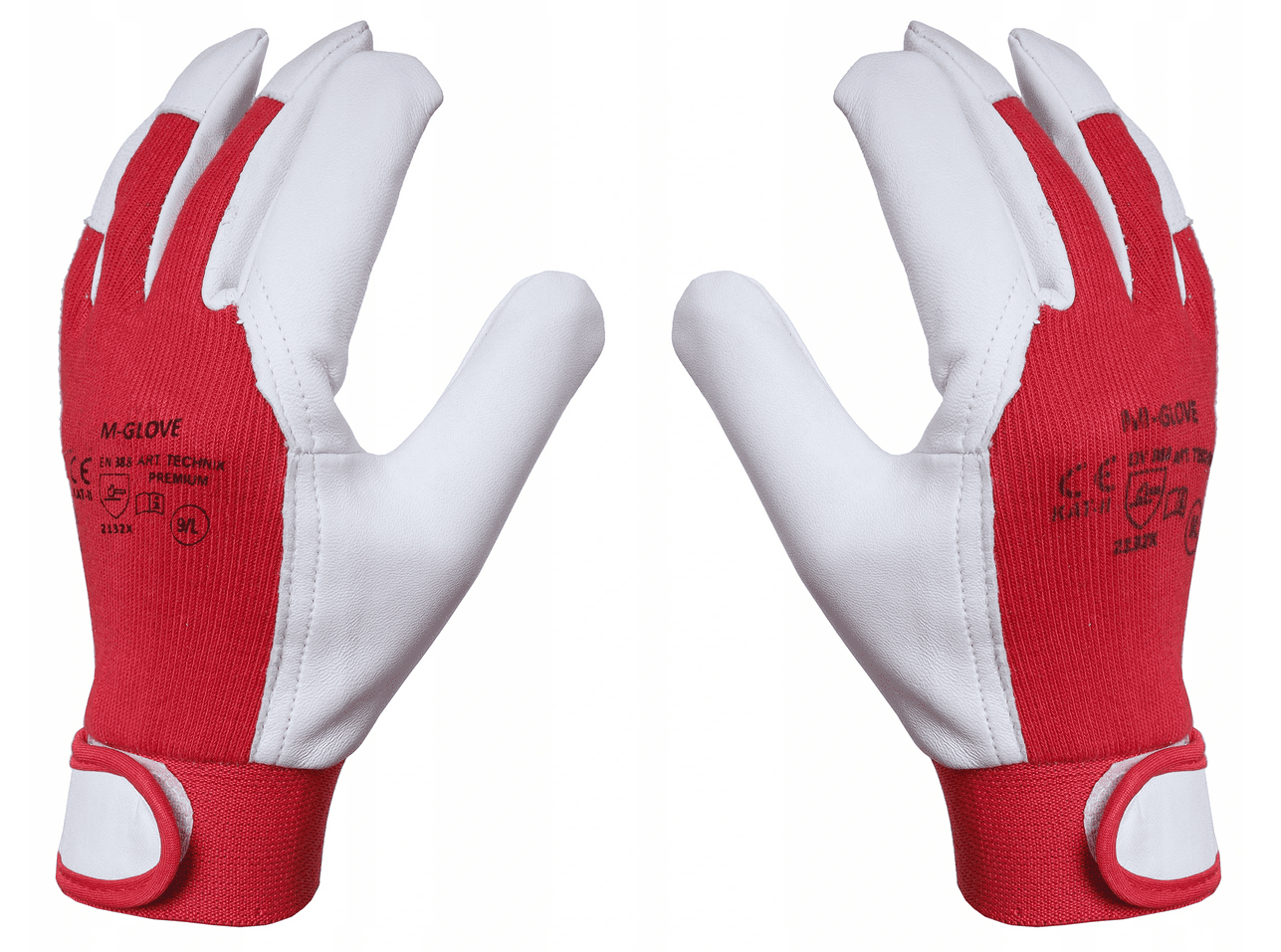 Arbetshandskar 12 par, montagehandskar, skinn, röd-vita CE, m-Glove (Handskestorlek : 7 [S] Handlängd 17,1cm Omkrets 17,1cm)