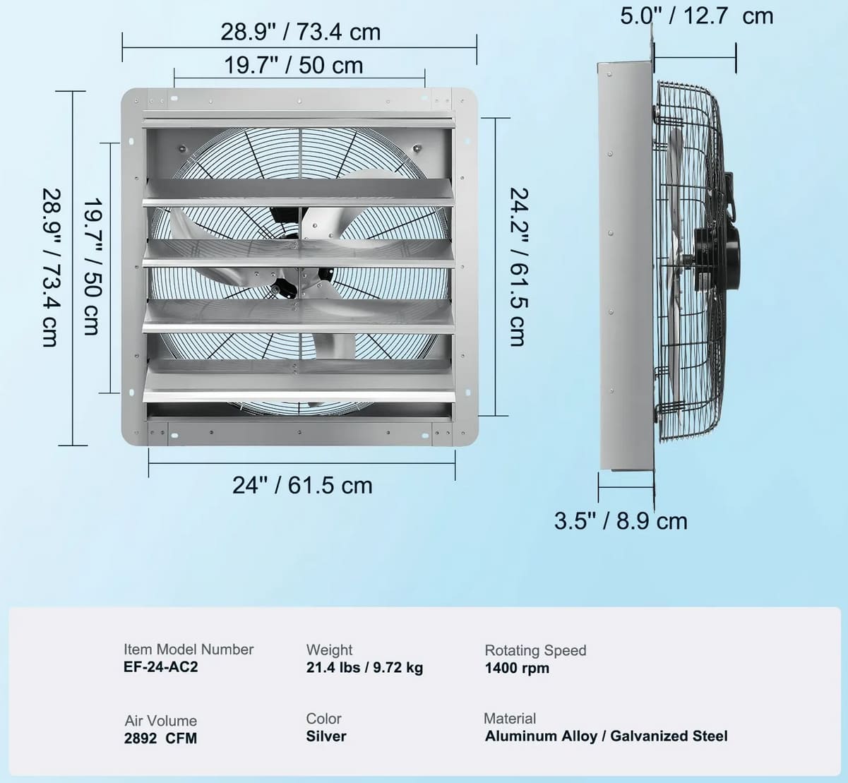 Övriga4 Industriell Väggfläkt Utsugsfläkt 610mm Aluminium 4800m³/h 1400 Varv 115W EF-24-AC2, Vevor - 4