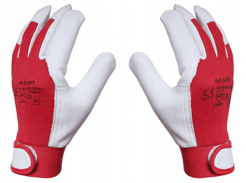 Arbetshandskar 12 par, montagehandskar, skinn, röd-vita CE, m-Glove (Handskestorlek : 10 [XL] Handlängd 20,4cm Omkrets 25,4cm)