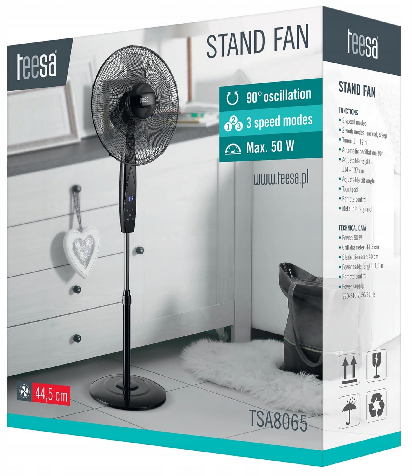 Golvfläkt Stående 50W 40cm Blad 3 Hastigheter Timer Oscillation Fjärrkontroll, Teesa - 9